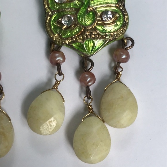 Anthropologie Jeweled Flower Chandelier Earrings Green Gold - Picture 10 of 13